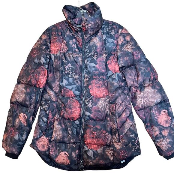 Athleta Downtown Puffer Jacket Black Floral Full Zip Down Fill Funnel Neck Sz M - Picture 1 of 16